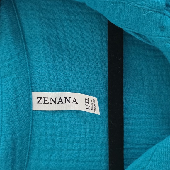 Zenana Double Gauze 3/4 Sleeve Button-Down Top – Dusty Teal - Picture 5 of 9